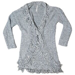 Bethany Mota Knit Fringe Cardigan Sweater Medium Blue White Marl Open Front (AD)